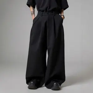 Men's Baggy Wide Leg Pants Zipper Fly Pleated Work Casual Long Trousers with Pocket