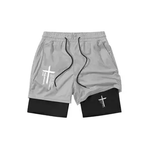 Teen Boys Cross Print Drawstring Waist Mesh Shorts, Dual Layer Casual Fit, Spring Summer Wear, Perfect Gift for Husband Boyfriend