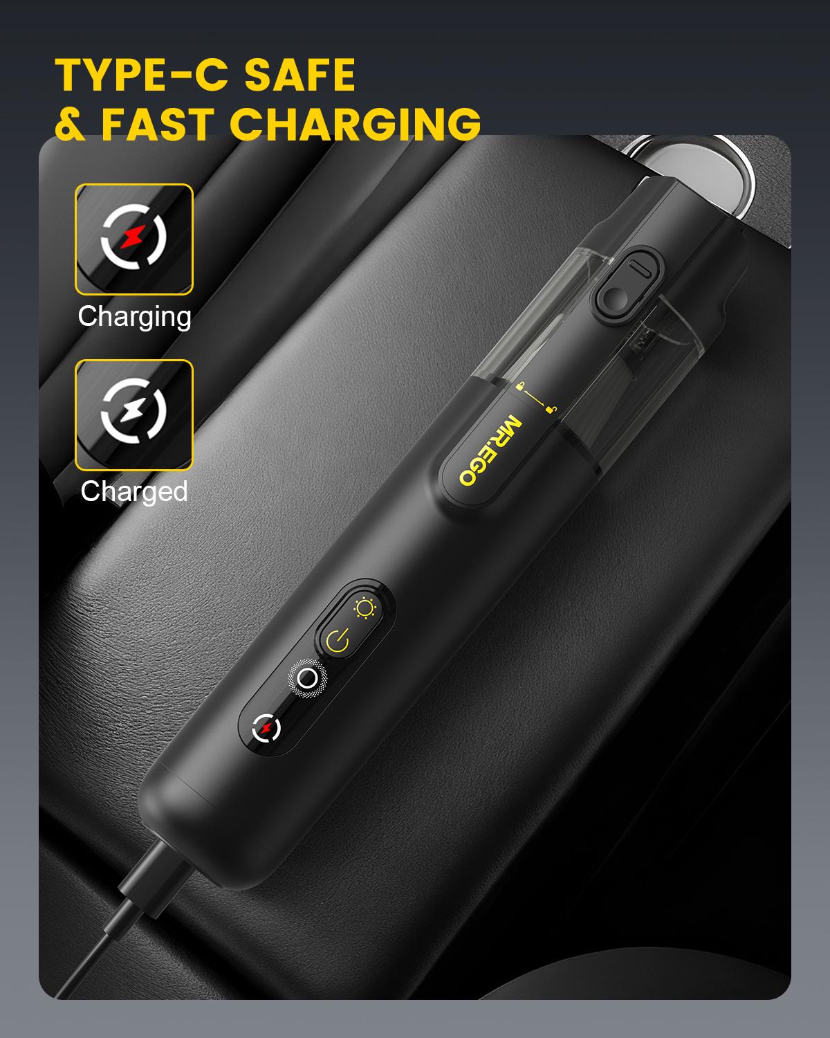 MR.EGO 20000Pa, Car Vacuum Portable Cordless, 4-in-1 Mini Vacuum Cleaner with 20,000Pa Powerful Suction, Green LED Light, Type-C Charging, 2 Suction Modes, Ultra-Light for Car, Home, Desk, Keyboards (Black) Car Cleaning Supplies Car Detailing Kit