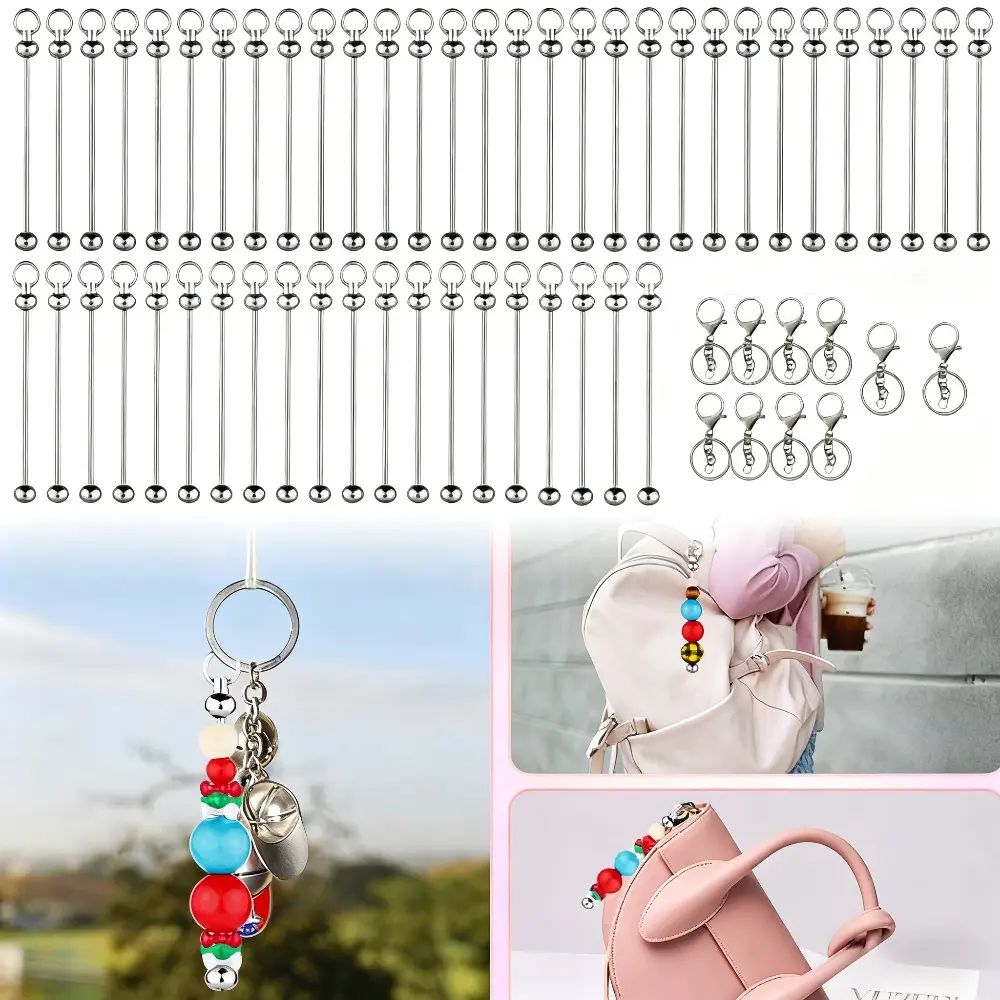50pcs Sturdy 8.5cm Metal Blank Beadable Keychain Bars, Detachable Parts Beaded Keychain Set, DIY Key Chain Making Accessories & Decorations for Sports & Outdoor Hat Customization
