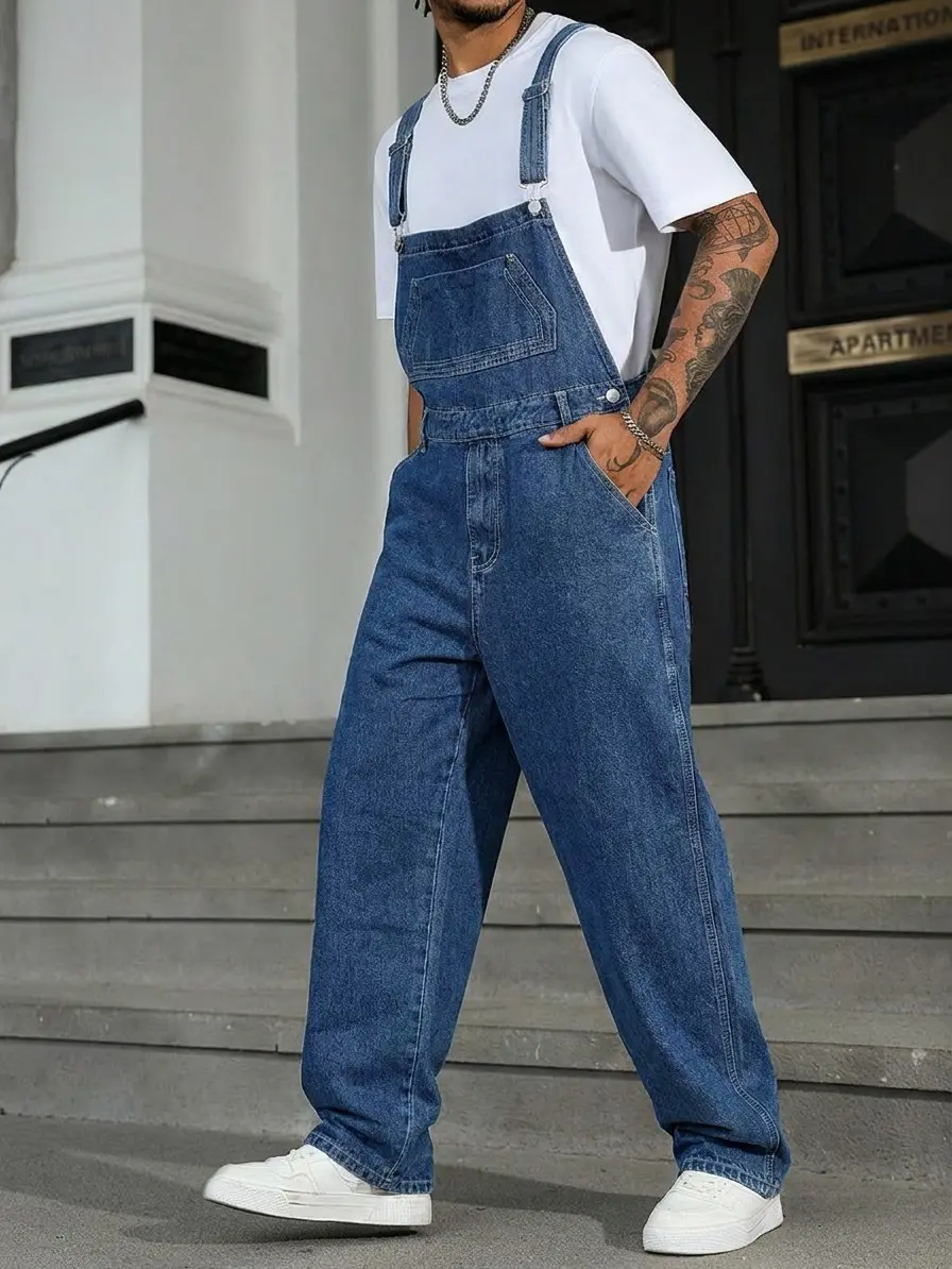 Men's Vintage Cut Denim Bib Overalls - Full-Length, Loose-Fit, Front Button Closure, Below-The-Ankle, Plain, Year-Round Wear, Menswear, Do Not Bleach Everyday Overalls Overalls Jumpsuit Beige Casual