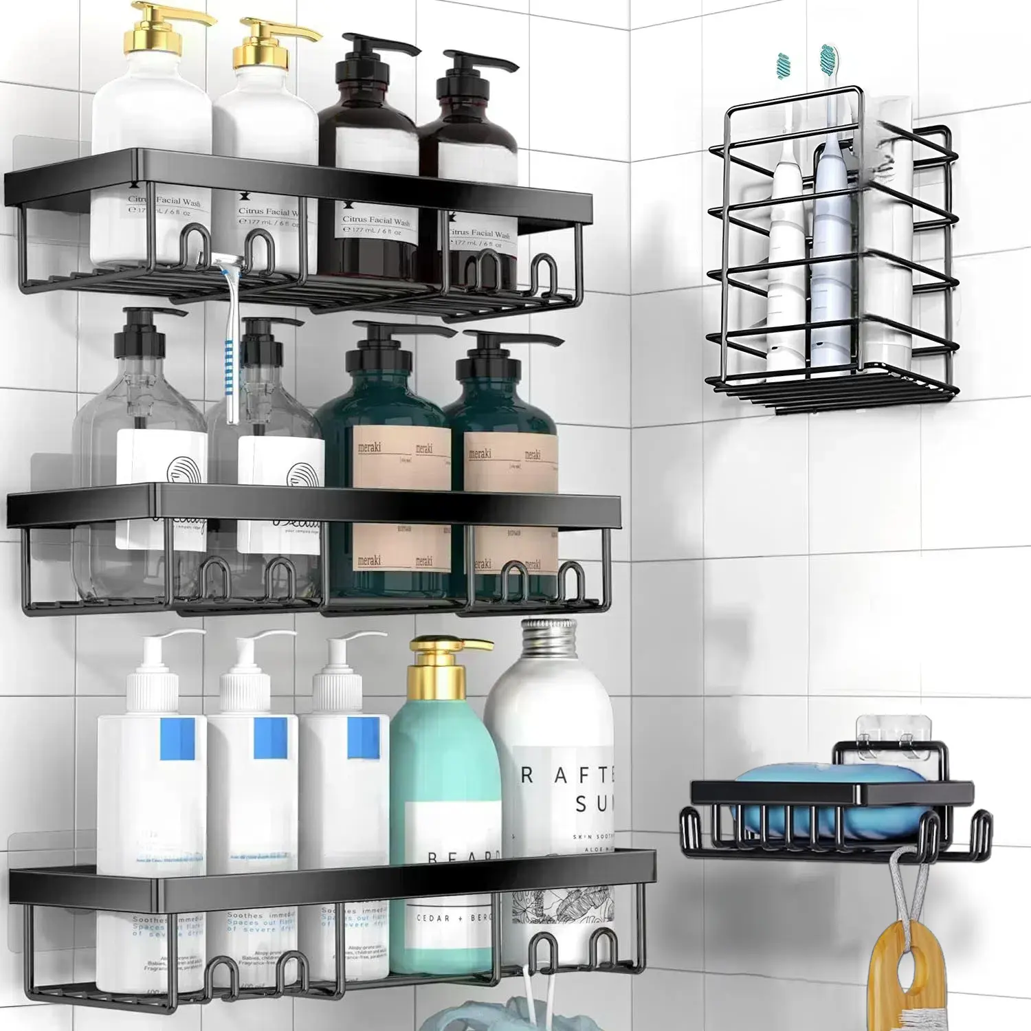 Jabukosu Matte Gold Stainless Steel Shower Organizer Set - 5 & 1 Wall-Mounted Shelf Holders, No-Drill Waterproof Adhesive Bathroom Storage Organization Box Pack for Shampoo & Soap