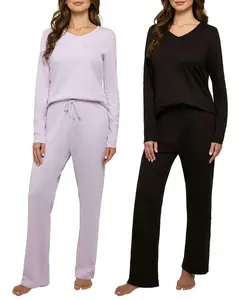 Real Essentials 3 Pack Women's Soft Cotton Long Sleeve Pajama Set with Pants - Lounge Sets for Women (Available In Plus)