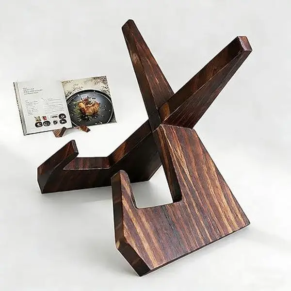 Recipe Book Holder & Cookbook Stand with Tablet Holder Rustic Brown Wooden Recipe Stand for Kitchen Counter Vintage Cookbook Display Shelf Space Saving Cooking & Baking Organizer Farmhouse Kitchen Decor Gift