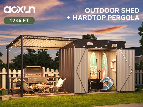 Aoxun 6x4FT Outdoor Storage Shed & Hardtop Gazebo Combo, 12x4FT Metal Lean to Shed with Open-Sided Pergola, 2-in-1 Durable Garden Tool Shed for Patio, Backyard, Deck Aoxun 6x4FT Outdoor Storage Shed & Hardtop Gazebo Combo, 12x4FT Metal Lean to Shed with Open-Sided Pergola, 2-in-1 Durable Garden Tool Shed for Patio, Backyard, Deck