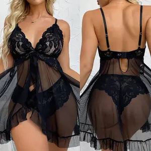Women Lingerie Lace Mesh Nightgown Chemise Boudoir Nighty Sleepwear