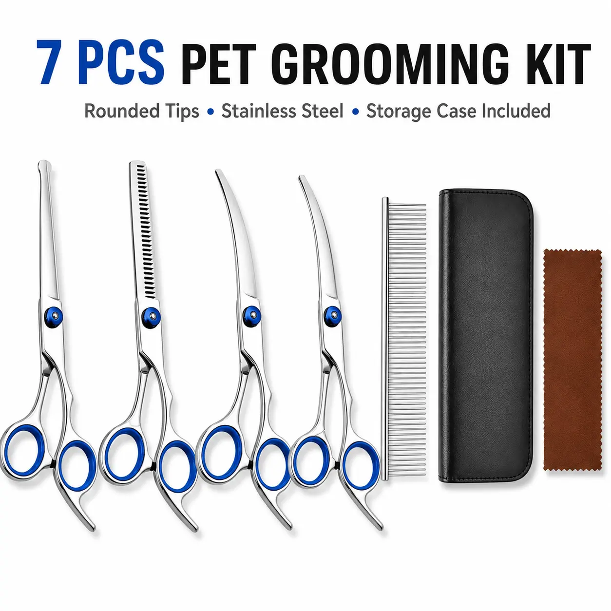7-Piece Pet Grooming Scissors Kit for Dogs & Cats - 6.5-Inch Stainless Steel Trimming Shears with Rounded Tips, Straight/Thinning/Curved Blades, Metal Comb, Storage Case, Cleaning Cloth, Safe Cut, Universal Fit