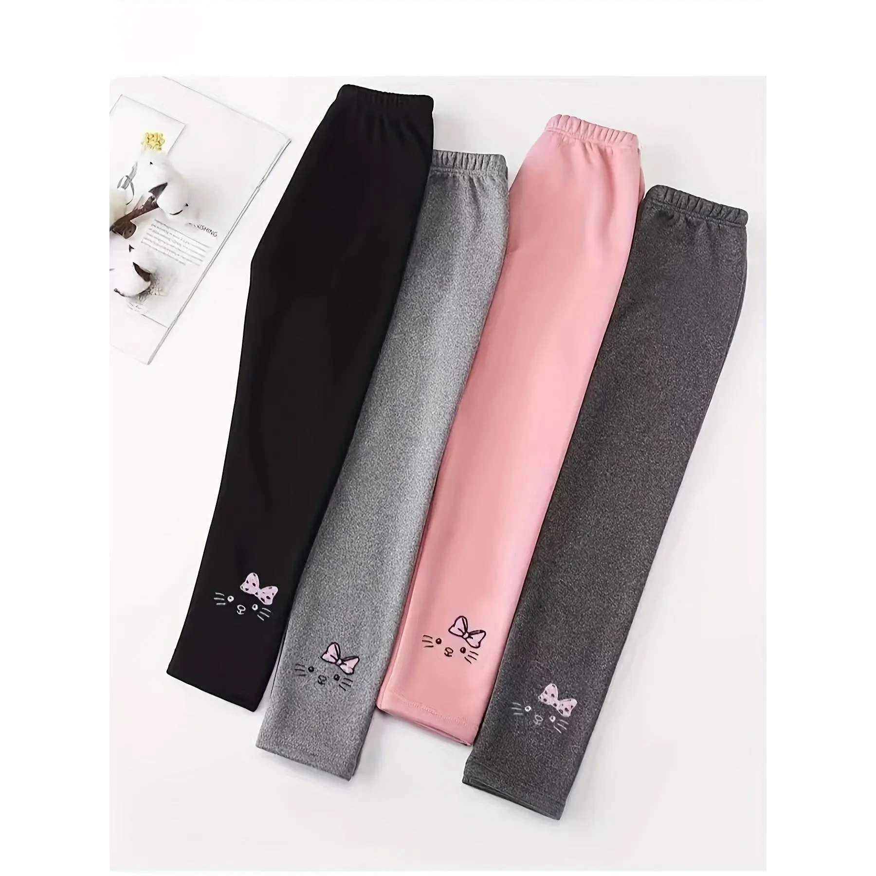 Girls' 4-Piece Cartoon Warm Base Layer Set - Fleece-Lined Thick Polyester-Knit Elastane Long Pants, Embroidered, 11-12 Years, Hand Wash Only, Kids' Basics, Do Not Dry Clean