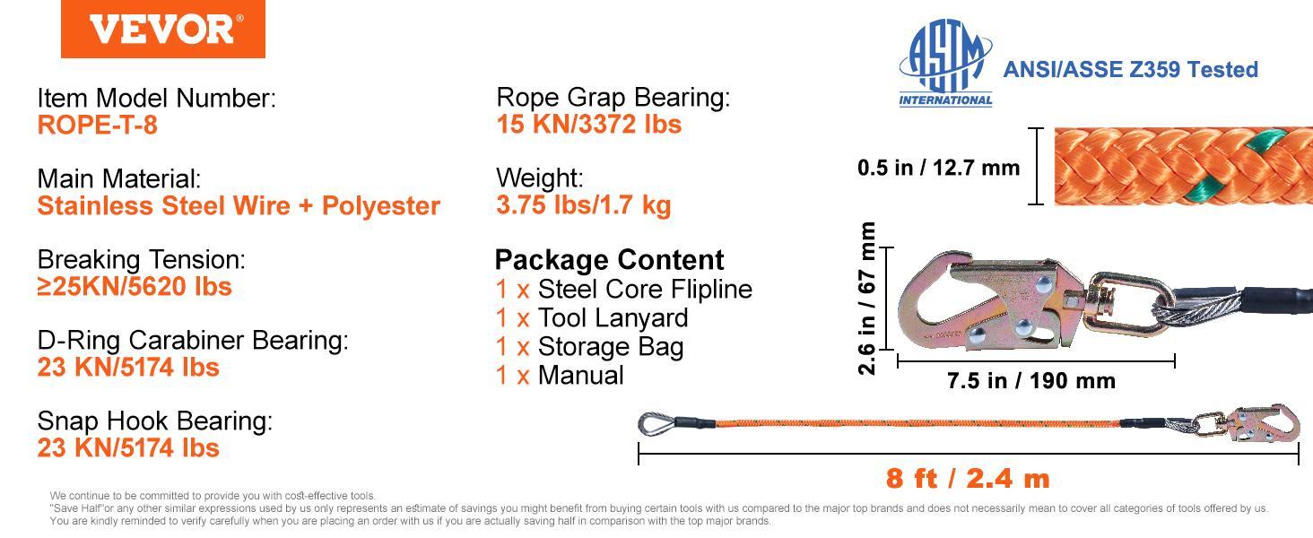 VEVOR Steel Core flipline,  1/2" x 8' Arborist Flipline, Flip Line for Tree Climbing with Alloy Steel Snap Hook, Aluminum Alloy Carabiner and Extra Tool Lanyard, for Arborist, Tree Climbers