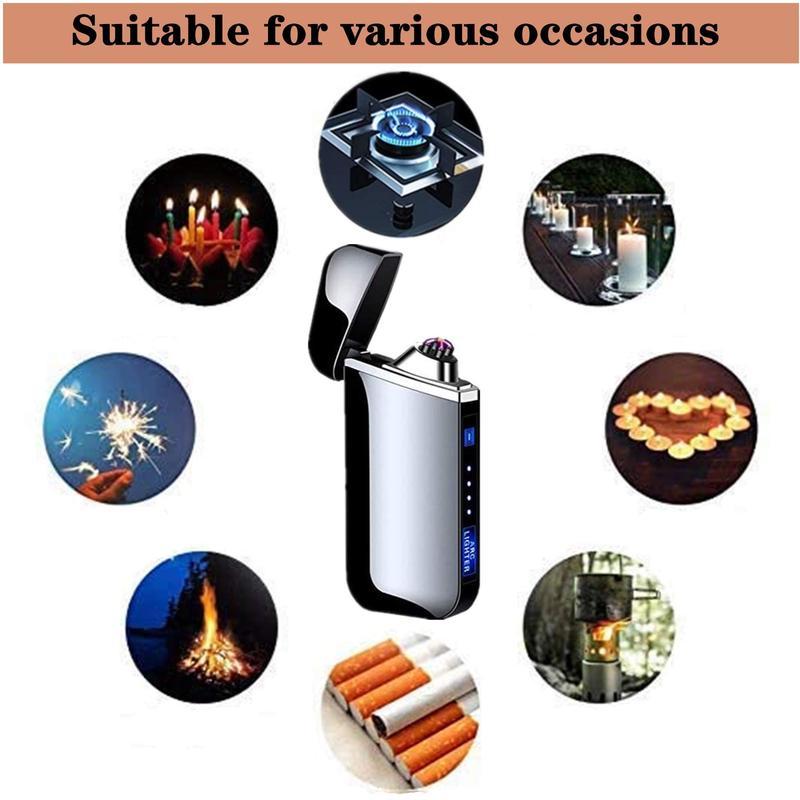 Electronic lighter, dual arc, windproof, LED power indicator, automatic protection, metal material, suitable for daily use such as candles, camping, kitchen, barbecue, etc. It can also be used as a unique gift for collection and decoration.