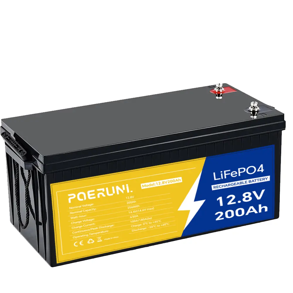 POERUNI 12V 200Ah LiFePO4 Deep Cycle Lithium Battery with Built-in BMS, Over Charging Protection for RV