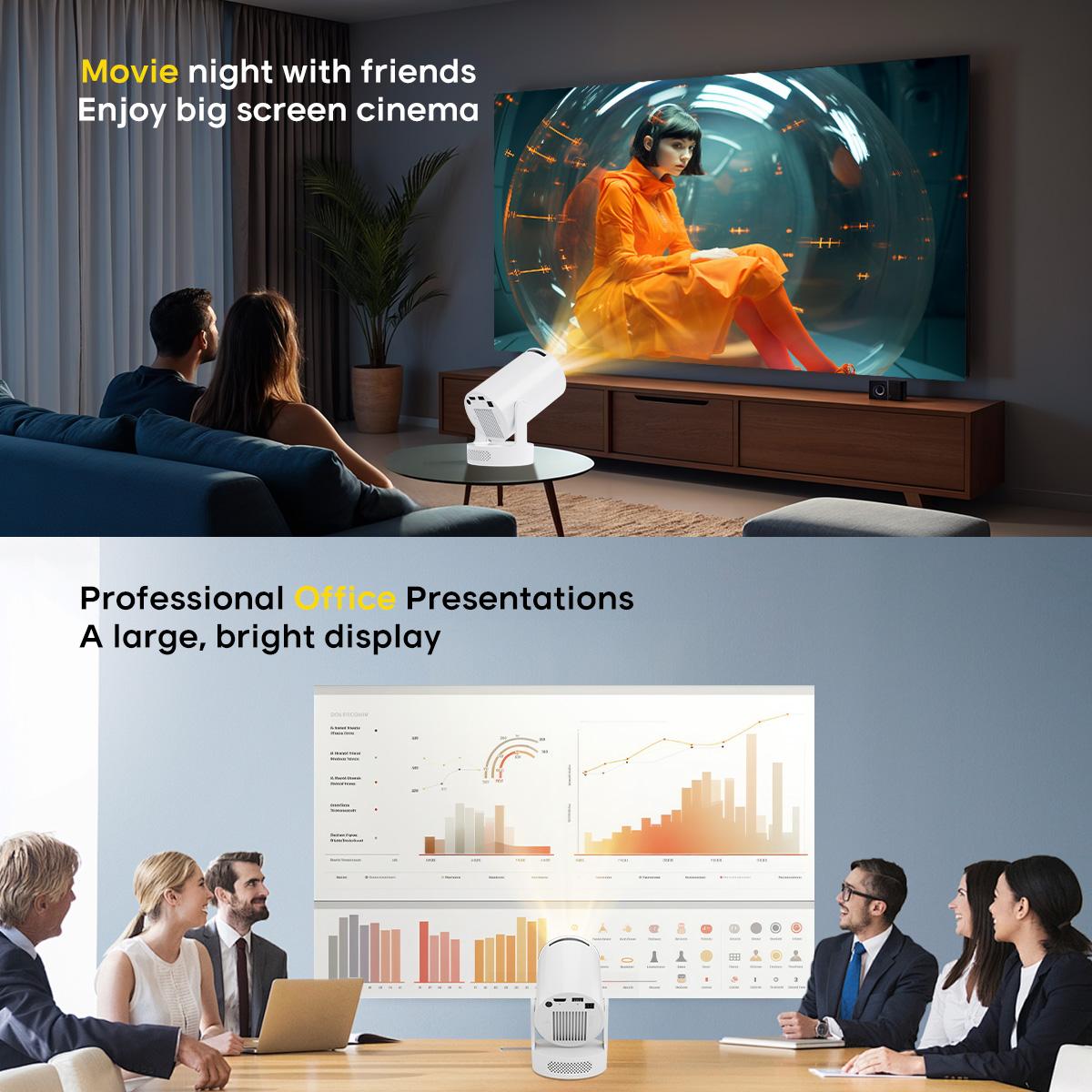 Potable HY300Pro+ Projector with 8K/4K/1080P Decode 290ANSI Lumens Auto Keystone Correction Dual-Band WiFi6 & Bluetooth5.4 Android 14 1280x720P for Home Cinema Portable Movie Theater Gift - Audio Outdoorfun