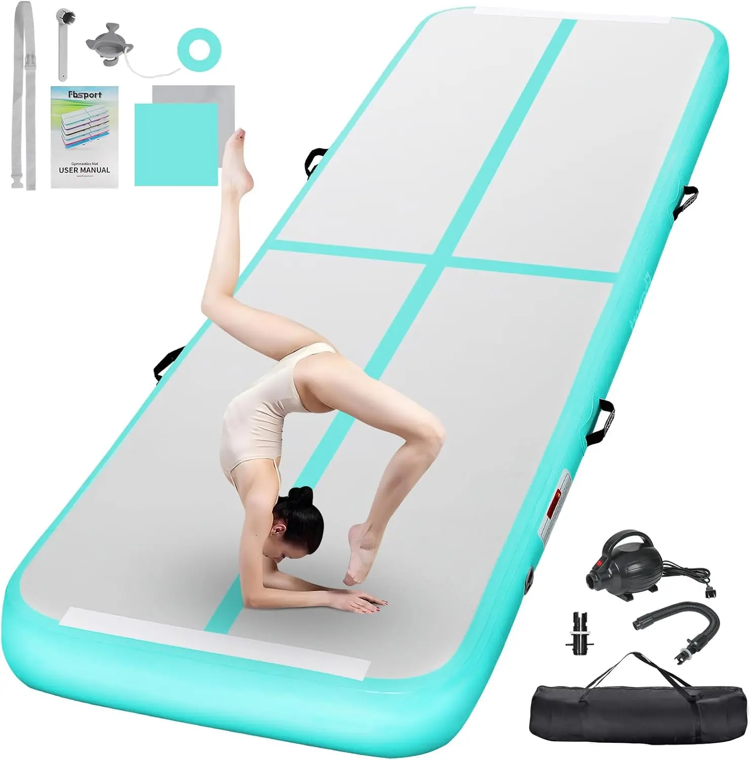 FBSPORT Inflatable Gymnastics Tumbling Mat - 16ft/20ft, 4/8" Thickness, Electric Air Pump Included, for Home & Professional Training Mats (Cheerleading, Yoga), Inflatable Tumbling Mat