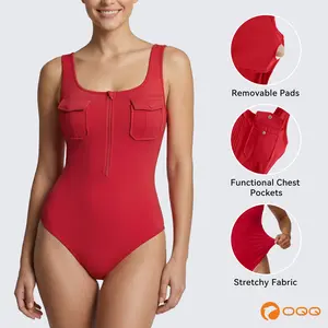 OQQ Women's Sleeveless Fitted Bodysuit - 2-Pocket Minimalist Zip Top, All-Season Elegant Underwear, Machine Washable