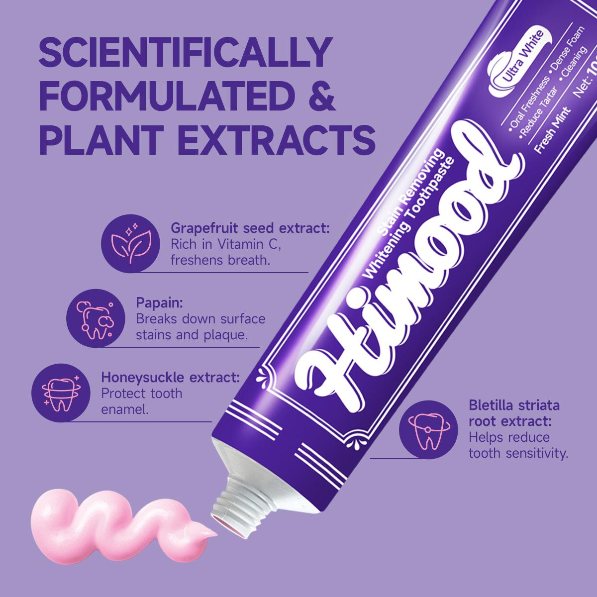 Himood Fluoride-Free Gentle Whitening Toothpaste with Natural Plant Extracts Stain Removal & Teeth Whitening Enamel Protection Sensitivity Relief for Fresh Breath 100g Oral Cleaning