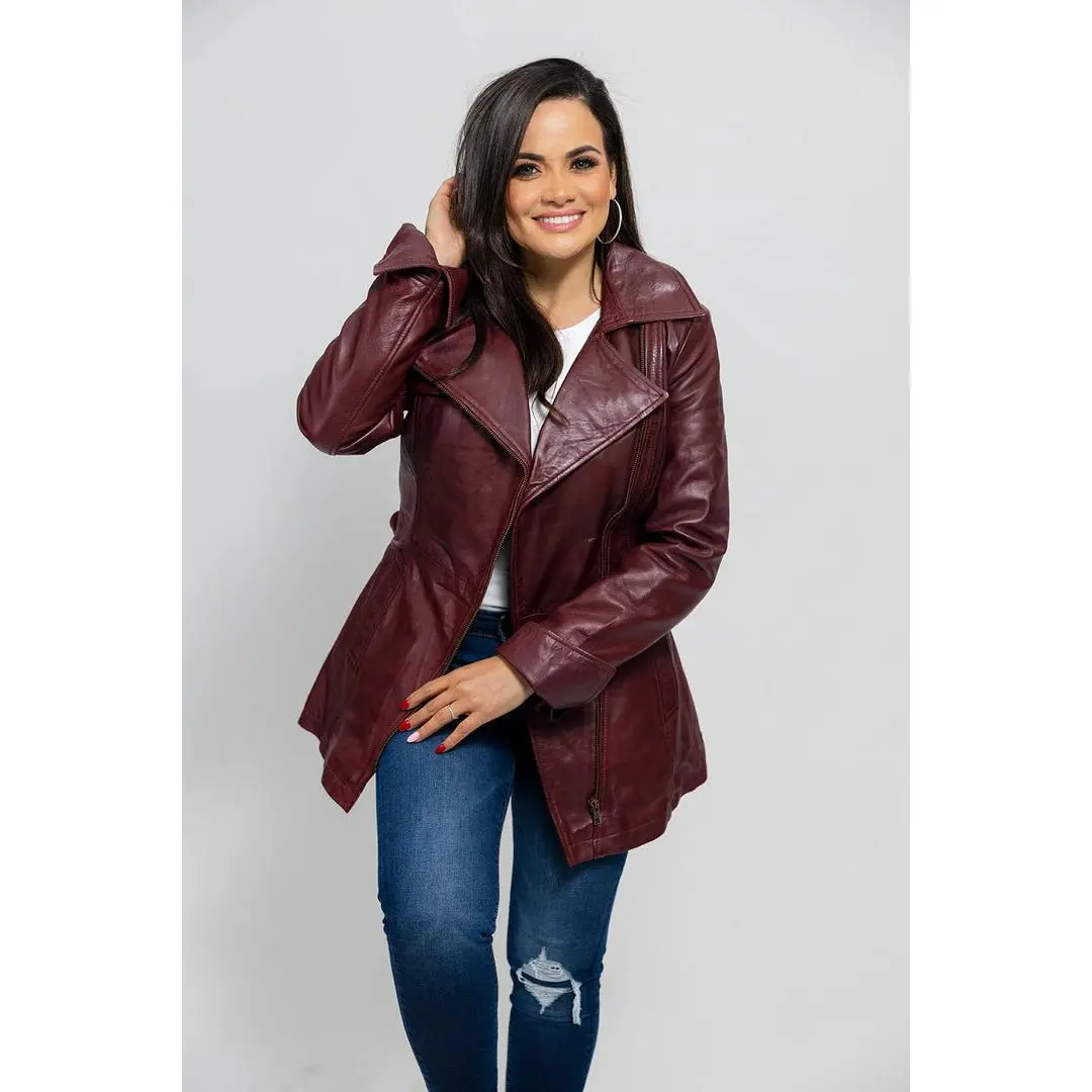 Women's Chic Longline Full-Grain Leather Trench Coat - New York Bryant Breeze, Adjustable Waist Belt, Storm Flaps, Soft Smooth Fit, Office Wear Jackets for Timeless Sophistication