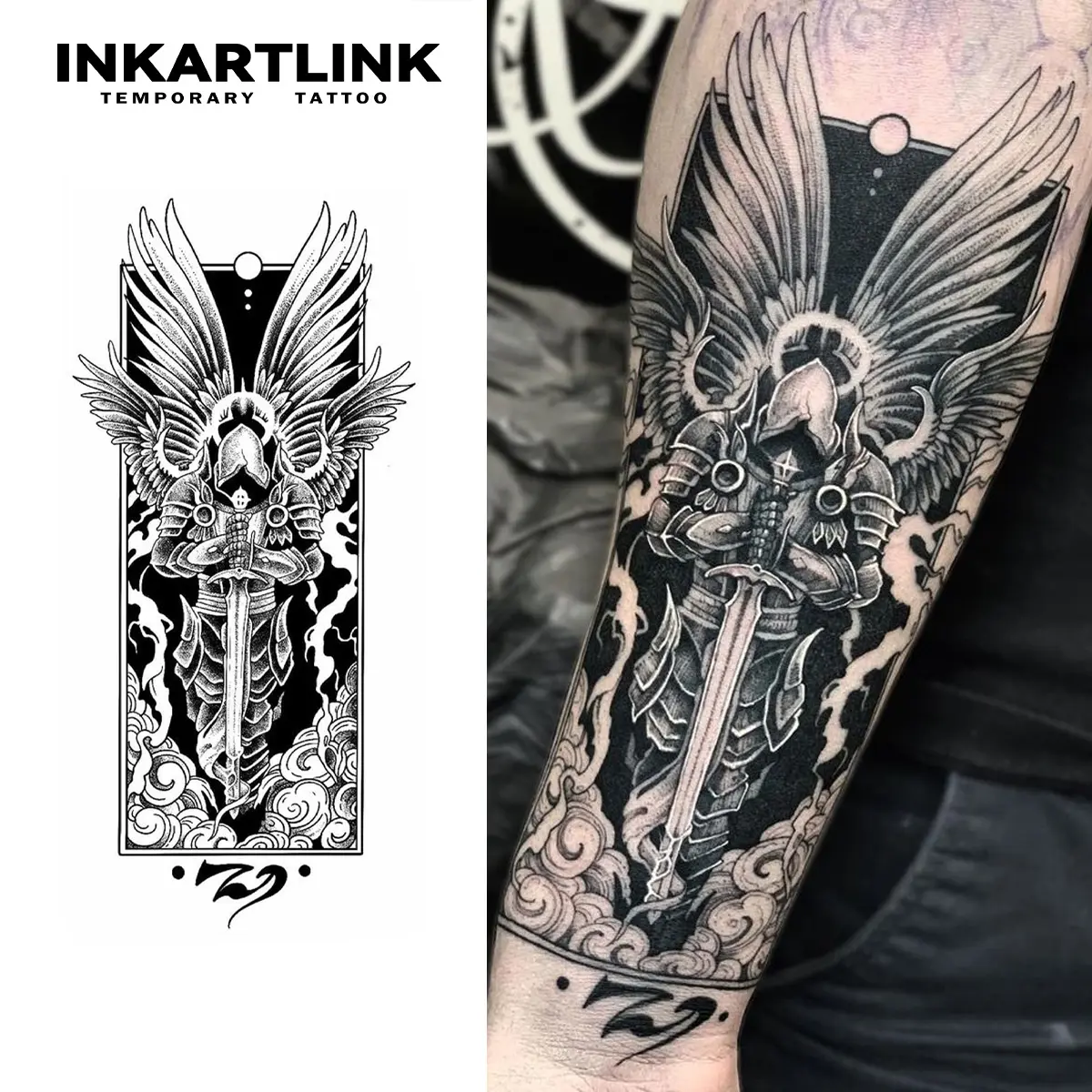 INKARTLINK Realistic Ephemeral Temporary Tattoos for Adults, 2 Sheets Waterproof Tattoo Art, Holy Knight Angel Sword-Wings Design, Suitable for All Skin Types, Ephemeral Tattoos