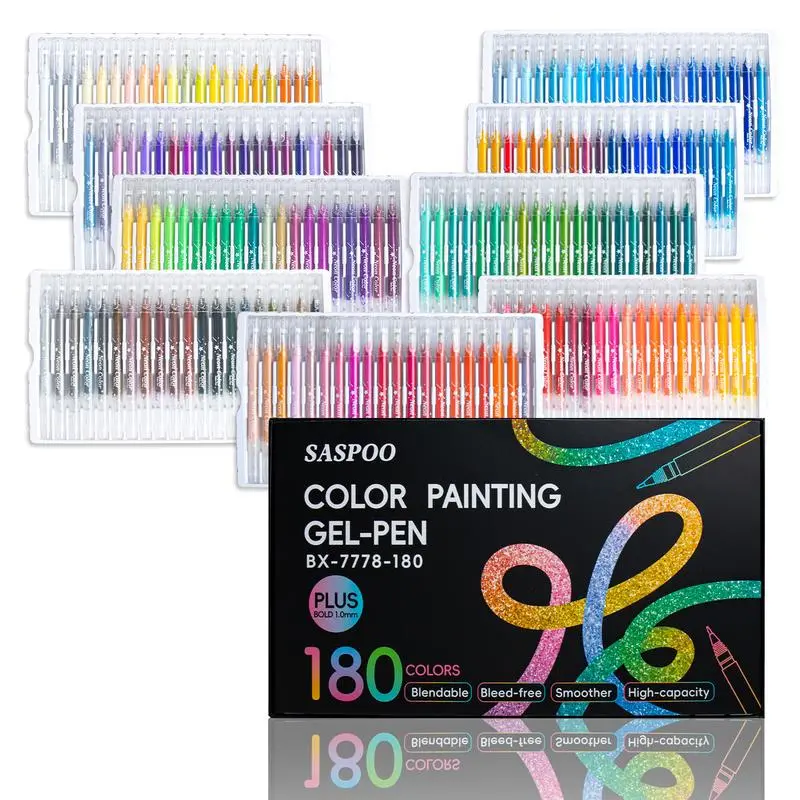Professional Glitter Gel Pen Set - 180 Colors Gel Ink Art Materials, Full Spectrum Glitter Effect Pens for Advanced Coloring, Detailed Hand Lettering & Office Stationery