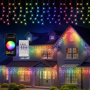 Quntis 5x0.6m/10x0.6m Transparent Wire Multicolor LED Icicle Lights with Remote Smart Control APP Custom Colors Modes Music Sync Christmas Holiday Icicle Lights for Christmas Festive Decor Ornaments Decoration