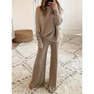 Casual Solid Color Ribbed Pantsuits, Long Sleeve Loose Top & Drawstring Wide Leg Pants Outfits, Women's Clothing Cotton Womenswear Fabric BottomGift