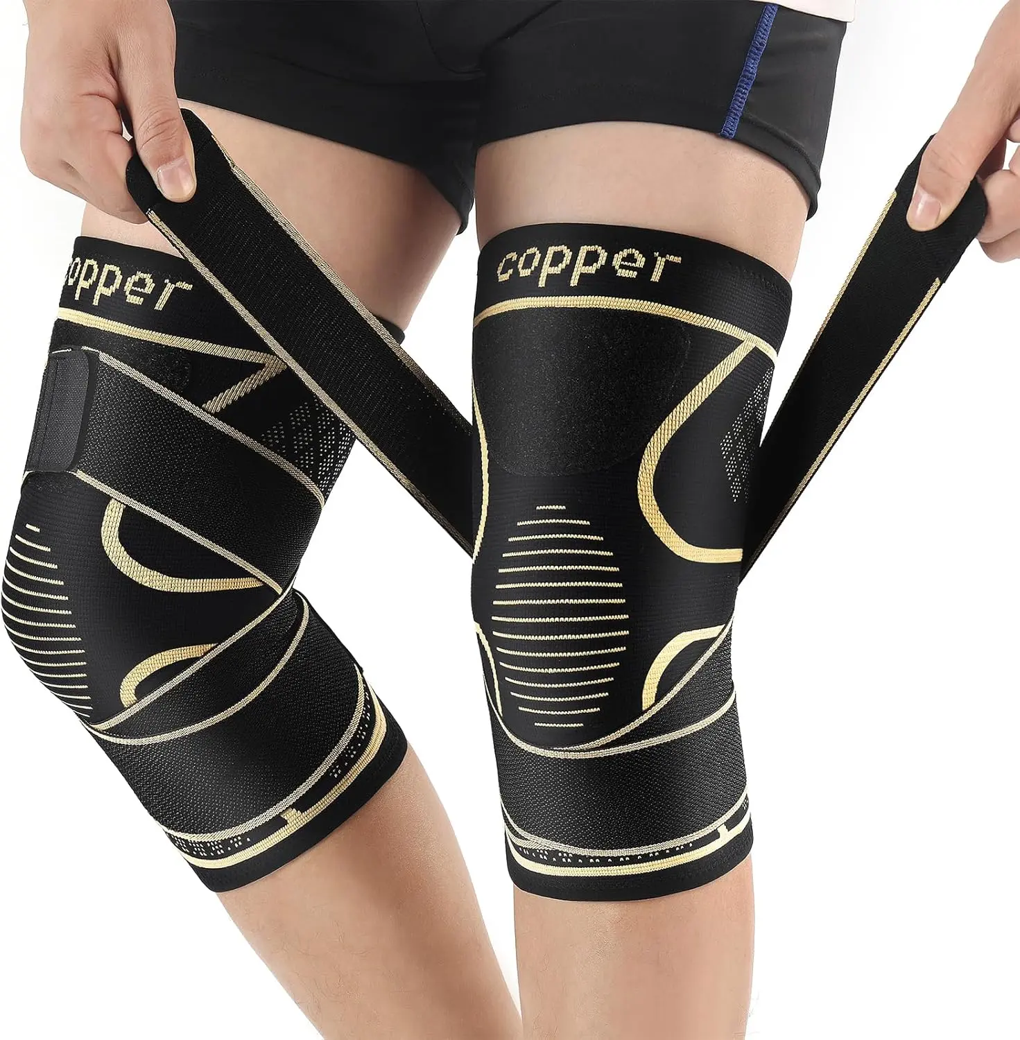 Copper Knee Braces Set with Strap for Knee Pain (2 Pack) - Adjustable Breathable professional Knee Support & Stabilizer, Knee Compression Sleeve for Arthritis, ACL Meniscus Tear, Joint Pain Relief, non-slip Durable Knee Wrap Pad for Work, Running, Gym sum