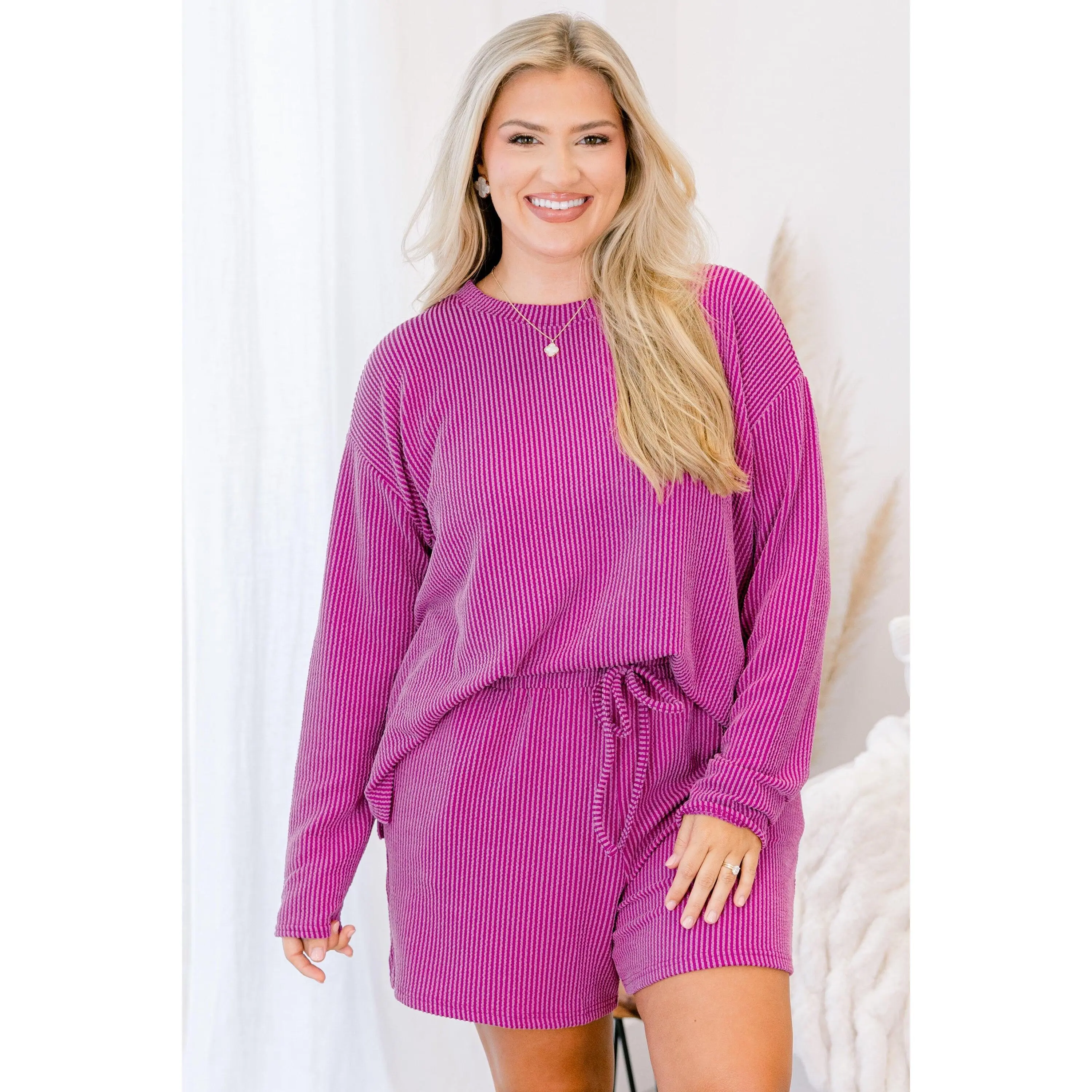 Women's Ribbed Knit 2-Piece Lounge Set - Soft Stretch Long Sleeve Top and Plum Drawstring Shorts with Adjustable Fit, Lady, Style, Fabric, Longsleeves, Matching, Women's Clothes, Elastic Waistband, Spandex, Pajama Set, Tee, Short Sets For Women