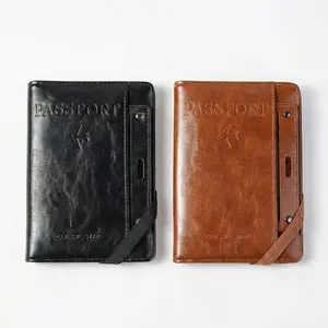 Travel Passport Holder & Wallet, Leather Document Organizer with Pen & SIM Slots, Elastic Strap Case, Unisex Essentials Wallet for Boarding Pass & Cards