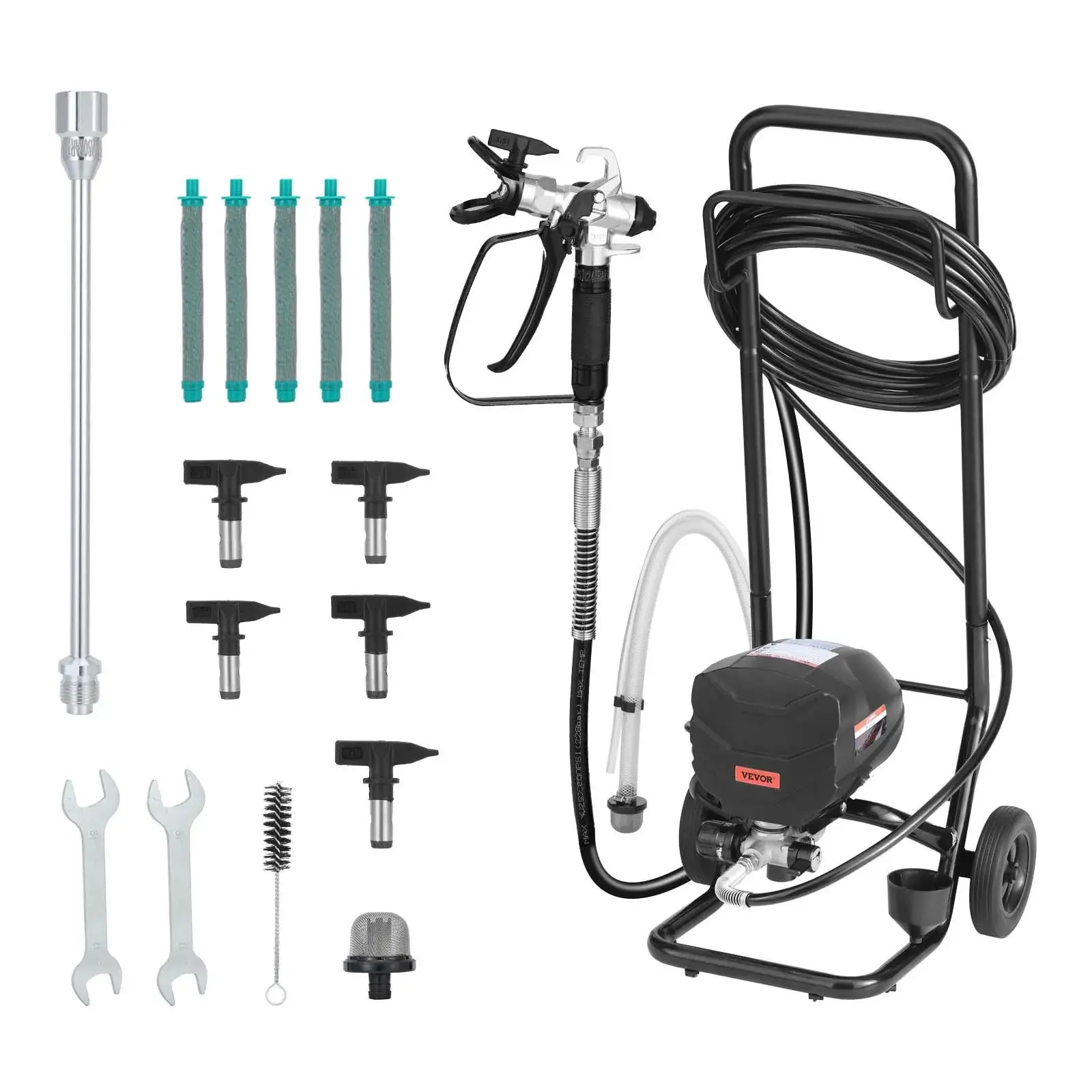 【summerfinds】VEVOR Stand Airless Paint Sprayer, 650W, 3000PSI High Pressure Airless Sprayer with Cart, Cleaning Brush, Hose, Extension Rod, Nozzles, Electric Spray Paint Machine for House Exterior and Interior, Paint Sprayer Accessories
