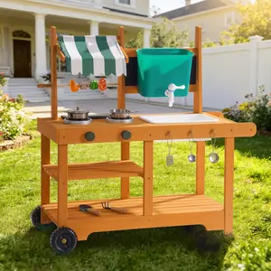 ROBUD Mud Kitchen for Kids Outdoor with Canopy & Wheels, Wooden Outdoor Play Kitchen, Kids Mud Kitchen with Removable Sink & Faucet, Monteeori Toys for Children Ages 3+ Years