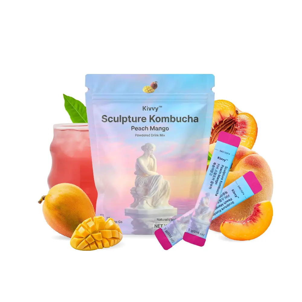 Kivvy Korean Debloat Kombucha Beverage (20 Servings, Peach Mango Flavor) with Lemon Balm, Lion's Mane, Instant Powder - Sugar-Free, 0-Calorie, Natural Gut Cleanse, Digestion Support, Stress Calm & Clarity