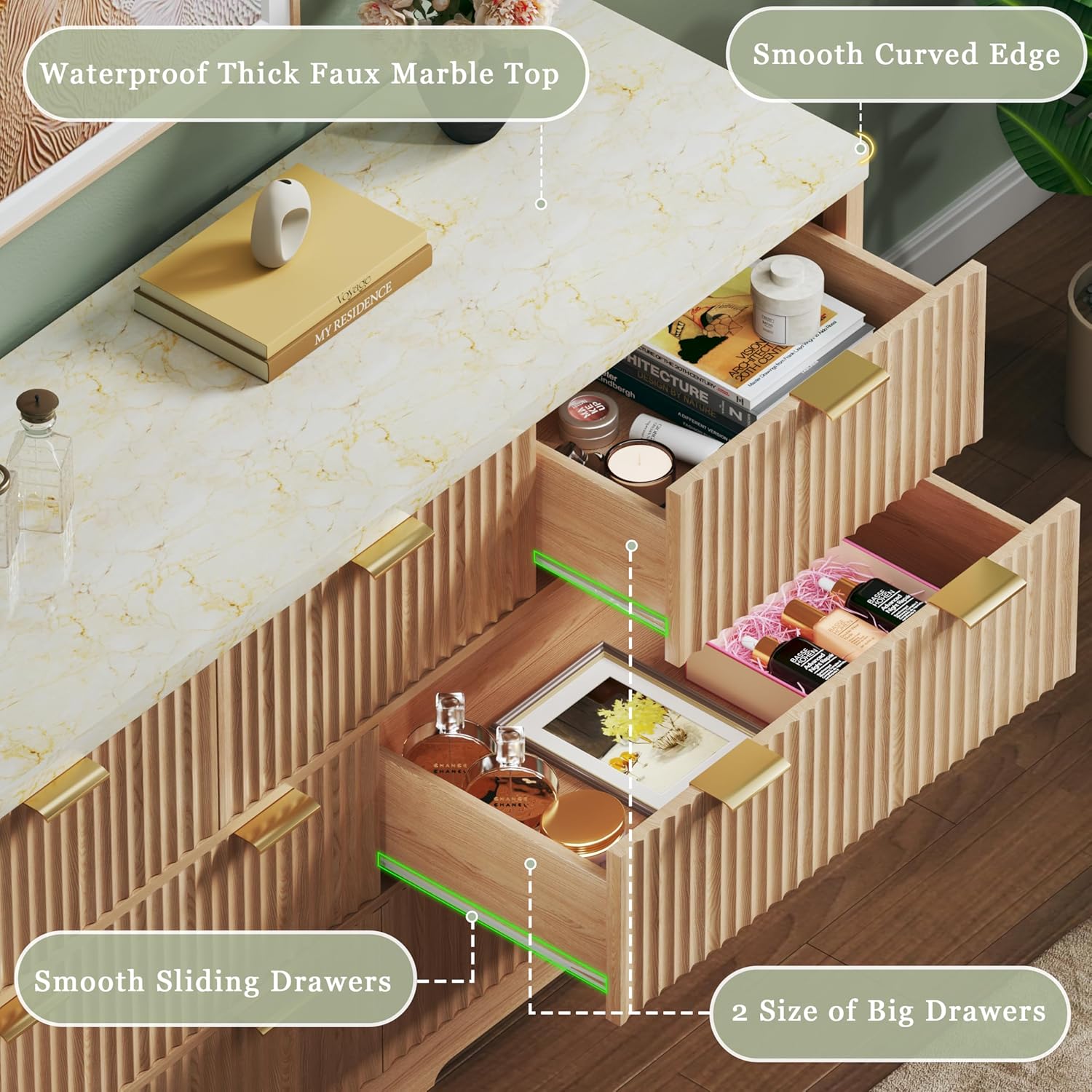 Fluted Dresser for Bedroom with 7 Drawers, 53'' Modern Dressers with Faux Marble Top, Mid Century Chests of Drawers with Gold Handle & Curved Profile, Natural Wood TV Dresser for Bedroom, Living Room