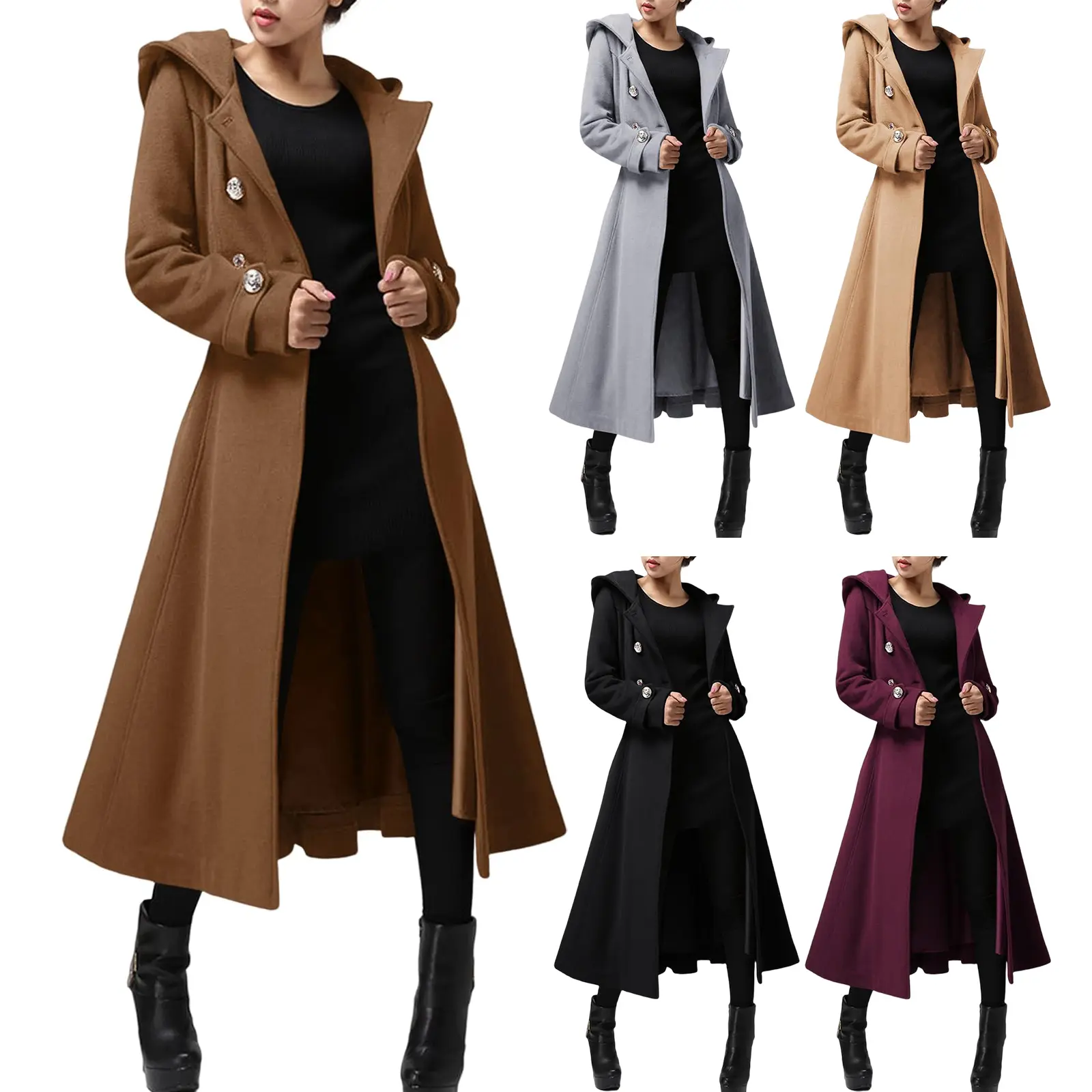CICY BELL Women's Long Double-Breasted Hooded Wool Trench Coat, Winter Warm Windproof Fitted Minimalist Jacket with Belt CICY BELL Women's Long Double-Breasted Hooded Wool Trench Coat, Winter Warm Windproof Fitted Minimalist Jacket with Belt