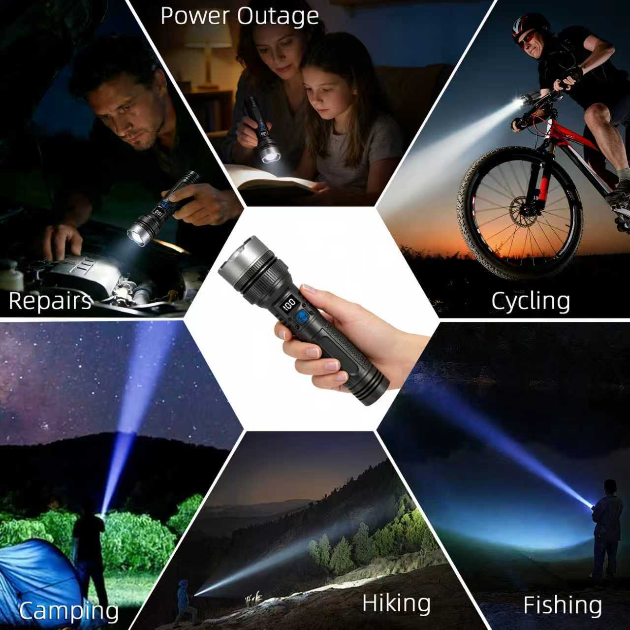 2PCS 1200 Lumen 2-in-1+Power Bank Flashlight，Digital display ofpower, Rechargeable,Zoomable,,X4Waterproof,Adjustable Brightness Flash Light for Outdoor, Emergency,Camping Accessories, Black TiktokShopSpringGlowUp