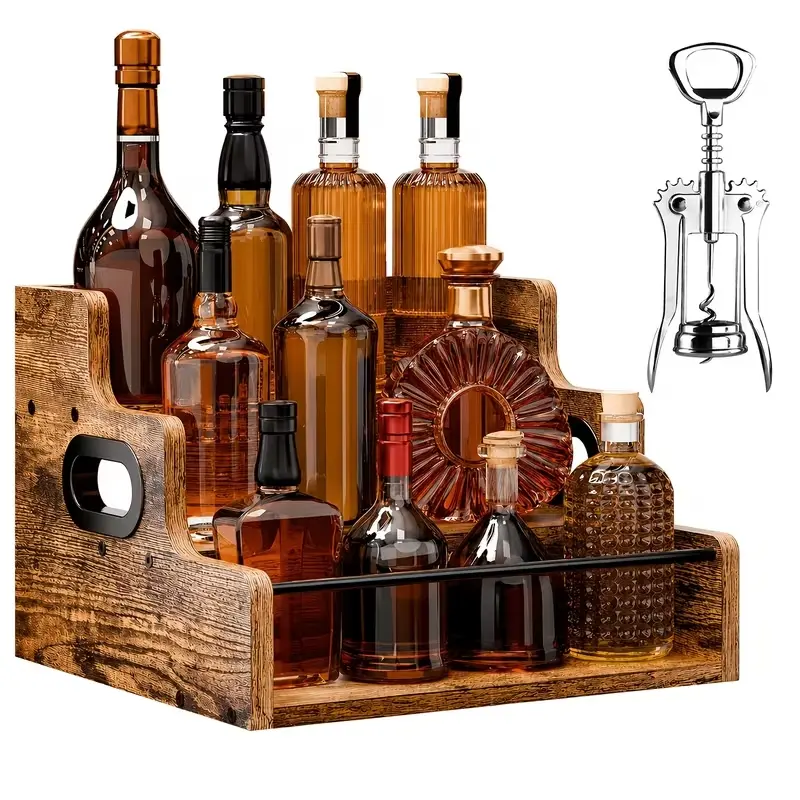 3-Tier Countertop Liquor and Wine Rack+bottle Opener, Solid Wood Liquor Bottle Display Shelf, Coffee Syrup Rack Organizer, Bar, Liquor Cabinet, Home Bar Shelf Stand for Liquor, Whiskey, Spirits, and Spices