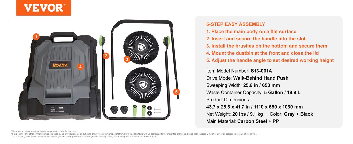 VEVOR Walk-behind Hand Push Floor Sweeper, TikTokShopBlackFriday, 25.6" Sweeping Width Floor Sweeper Manual Non-Electric, 5-Gallon Waste Container, Angle & Height Adjustable Folding Handle for Walkway, Yard, Garage, Patio  VEVOR Super Brand Day