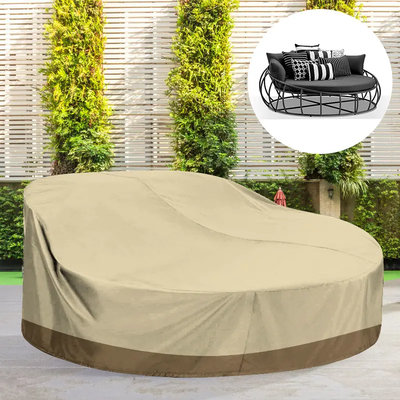 SunPatio 88 in Round Heavy-Duty Daybed Cover - All-Weather Elastic Sofa Slipcover, Stretch Foldable Durable Polyester Fabric, Beige Garden Secure-Fit Outdoor Canopy Furniture Protector, Goods Cover