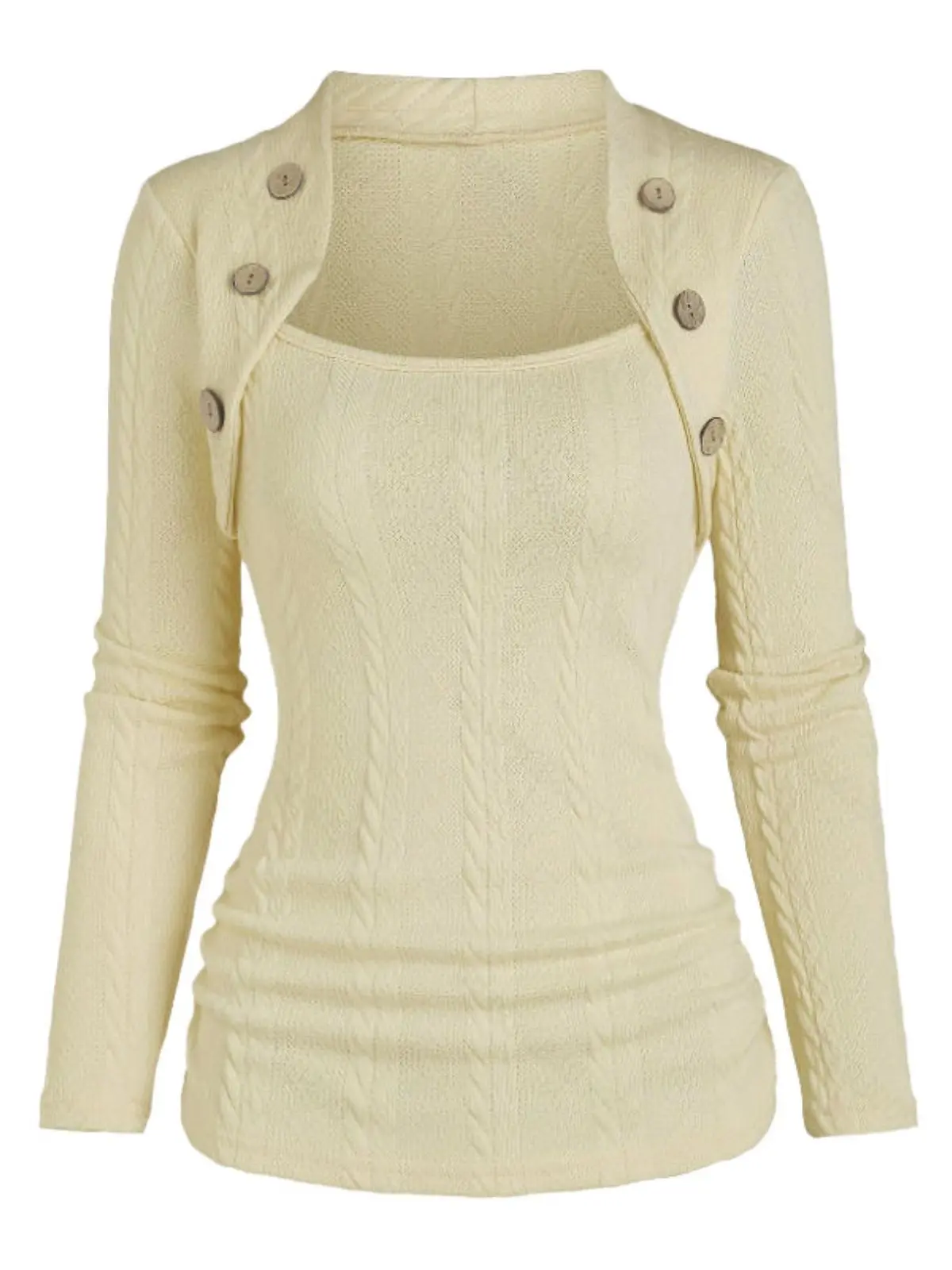RETRO STAGE Women's Polyester Cable-Knit Tunic Top - Retro Look, Long Sleeve Casual Pullover with Faux Buttons, Slight Stretch, Hand Washable