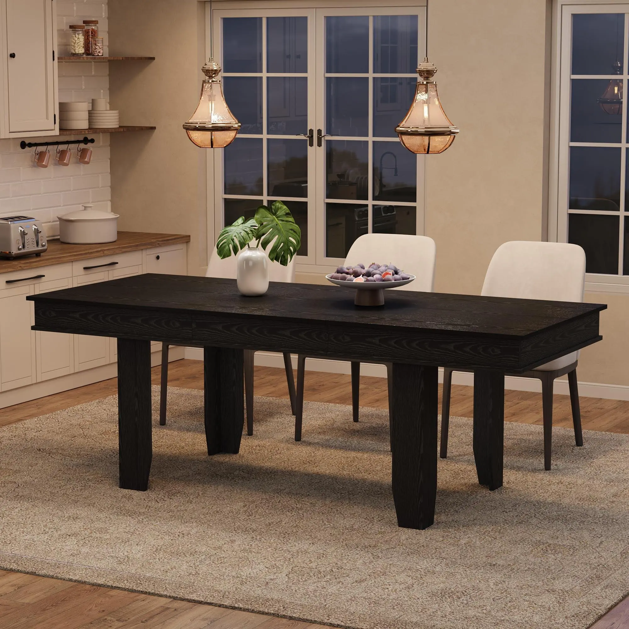 63 in-86.6 in Extendable Dining Room Table for 6-10, Farmhouse Kitchen Tables w/Wooden Sturdy Frame, Rectangular Dinner Table for Dining Room,Black