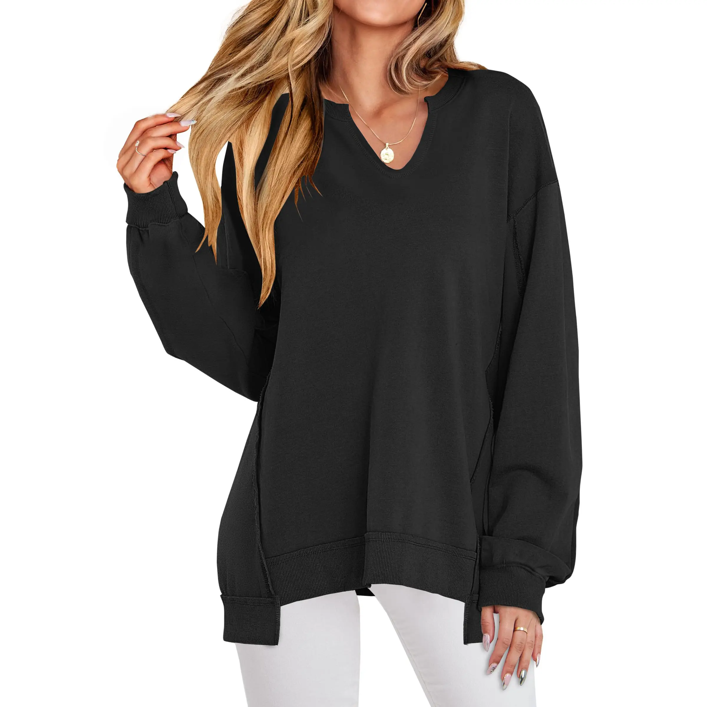 ANRABESS Womens Oversized Sweatshirt V Neck Long Sleeve Tunic Lightweight Pullover 2026 Winter Casual Tops Teen Girl Outfits