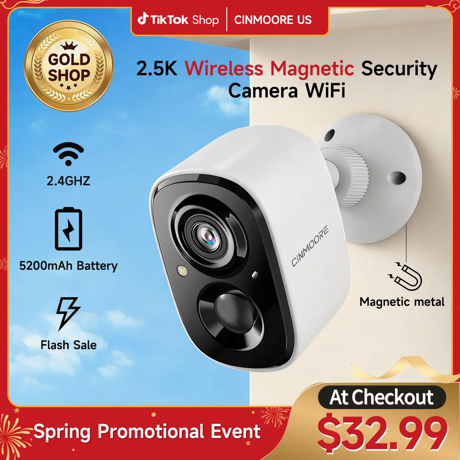 【Big SALES】CINMOORE Outdoor/Indoor Magnetic wireless Camera 2.5K free install Smart Garage 2.4G WI-FI Security Camera – HD Video, Night Vision, Motion Detection, Magnetic, Wi-Fi, Two-Way Audio, Smartphone Control Lens