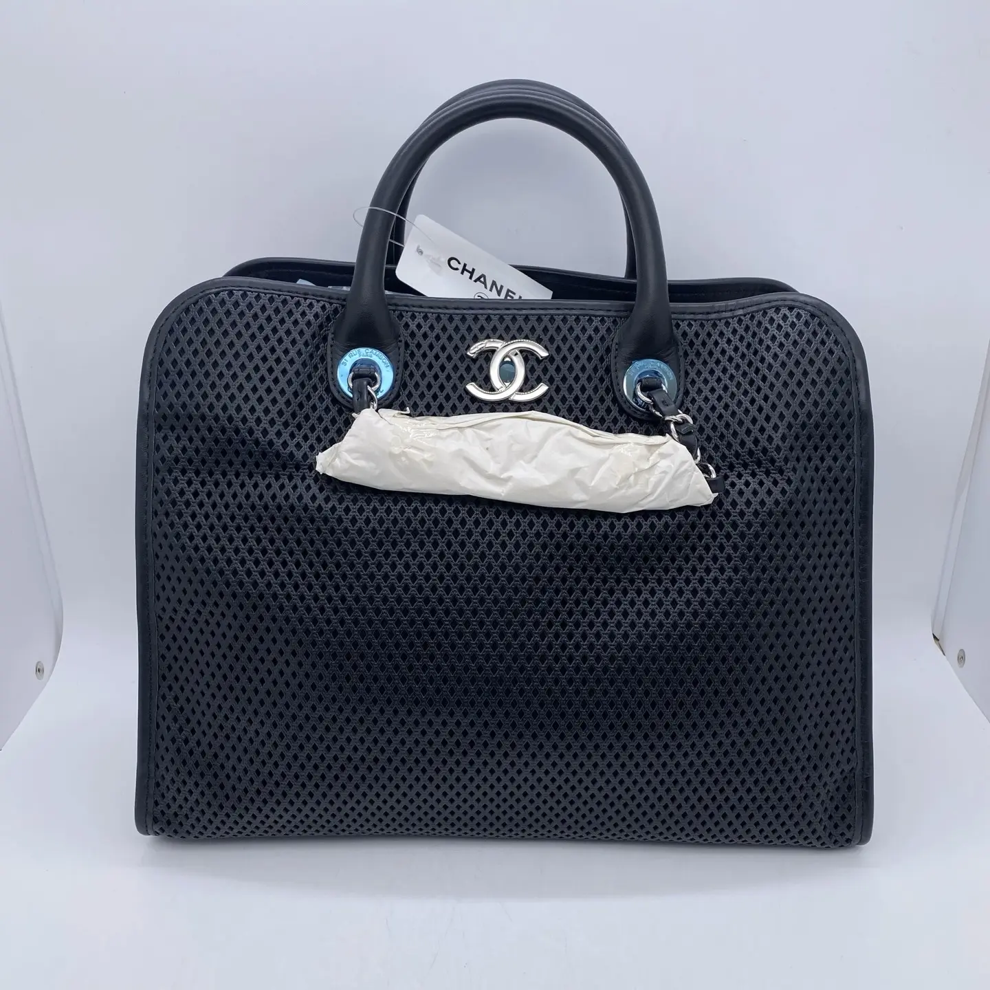Pre-owned CHANEL Seasonal Limited Edition Black Silver Cutout Tote Bag, Pre Loved Luxury Luggage & Tote Bags (Style No. 2601009)