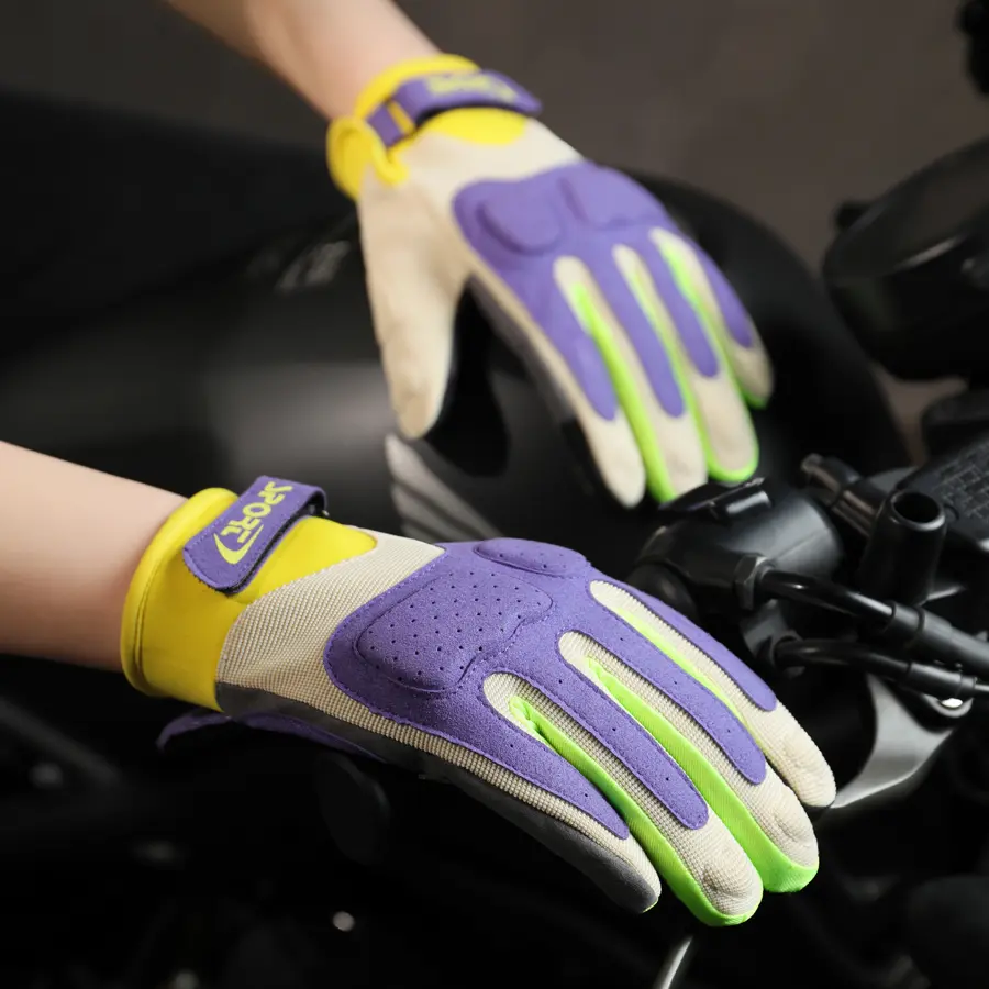 Unisex Full Finger Athletic Gloves, All-Weather Color Block Design for Cycling and Outdoor Sports - Purple & Yellow, Athletic Fit, All Seasons, Sporty Sports Gloves