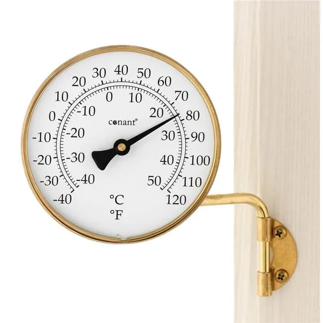212 MAIN Weems & Plath-Conant Classic Round Dial Brass Thermometer, 4.25 in., Wall Mount with Swivel Arm, Convex Glass Crystal for Readable View, Post/Window Compatible for Home Improvement