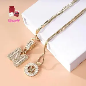 2 Pack Initial Letter Necklace 14k Gold Plated Bling Dainty Necklaces Trendy Chunky Custom Name Necklace Personalized Round Circle Pendant Zirconia Letters Name Valentine's Day Anniversary Jewelry Set Gifts for Mom Gifts for Daughter tiktokshopspringglowu