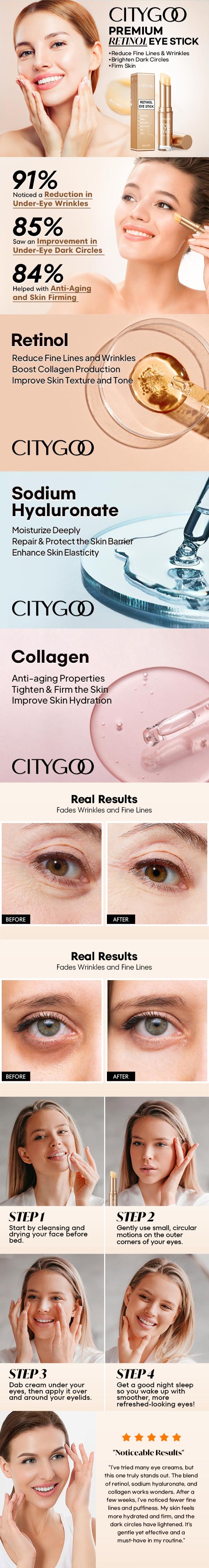 CITYGOO Retinol Eye Stick With Collagen & Hyaluronic Acid, Reduces Dark Circles, Wrinkles, Puffiness, Bags, Fine Lines, Anti-Aging Eye Cream