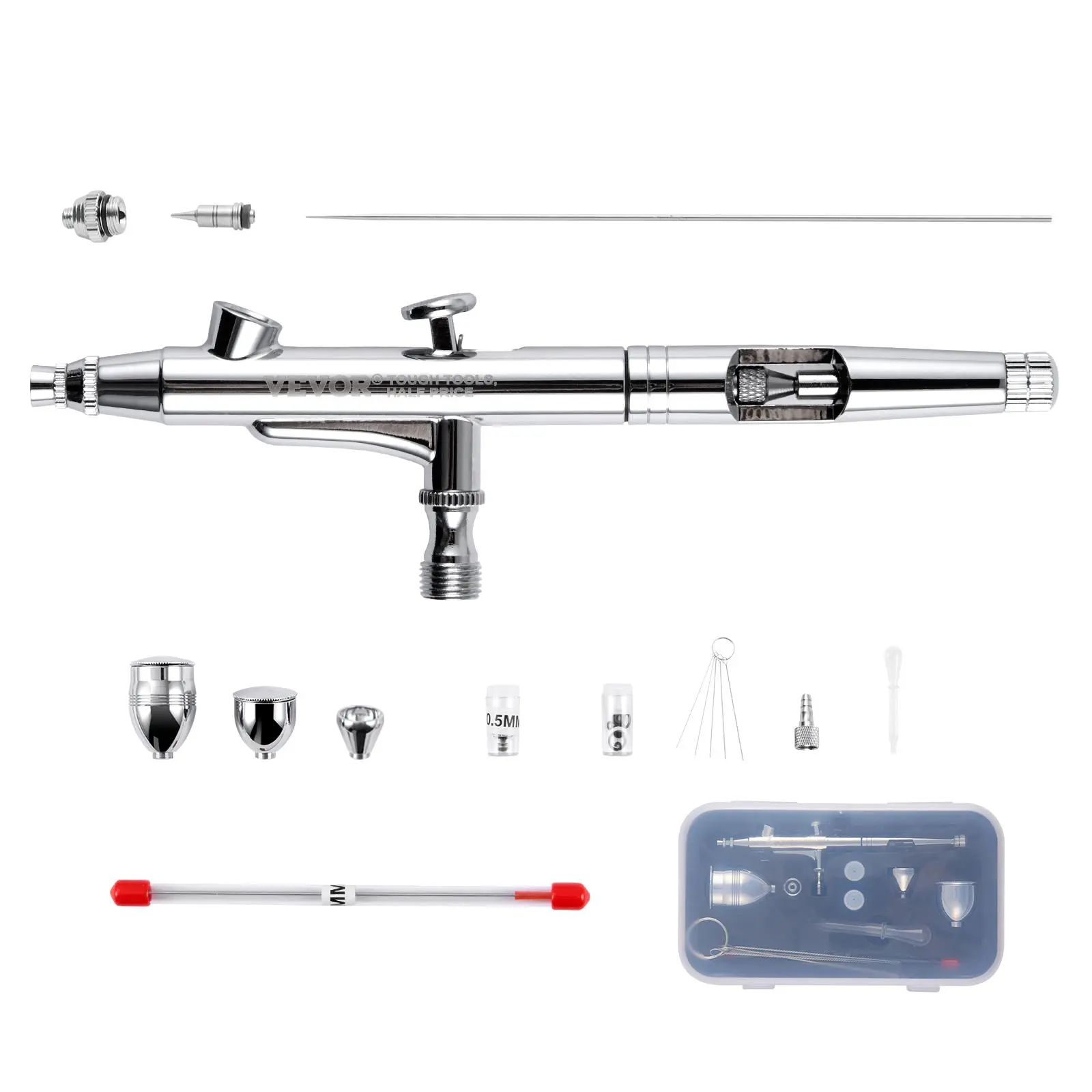VEVOR Portable Expert Airbrush Kit - 0.3mm/0.5mm Nozzles, 3 Copper Measuring Cups (2/7/12ml), 5 Cleaning Needles, Cleaning Set, Copper Parts, Cake Decorating Ready, for Model Painting, Nail Art