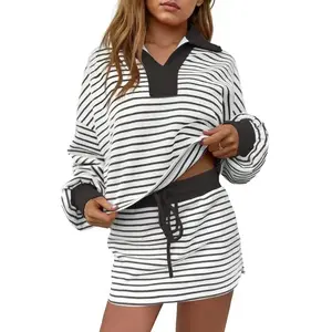 Women's Striped 2 Piece Outfit Casual Sweatshirt Skirt Set Long Sleeve Skort Workout Set Matching Lounge Sets Machine Washable