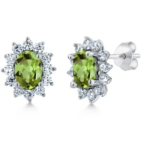 Gem Stone King 2.32 Ct Oval Green Peridot 925 Sterling Silver Halo Princess Diana Kate Middleton Post Earrings