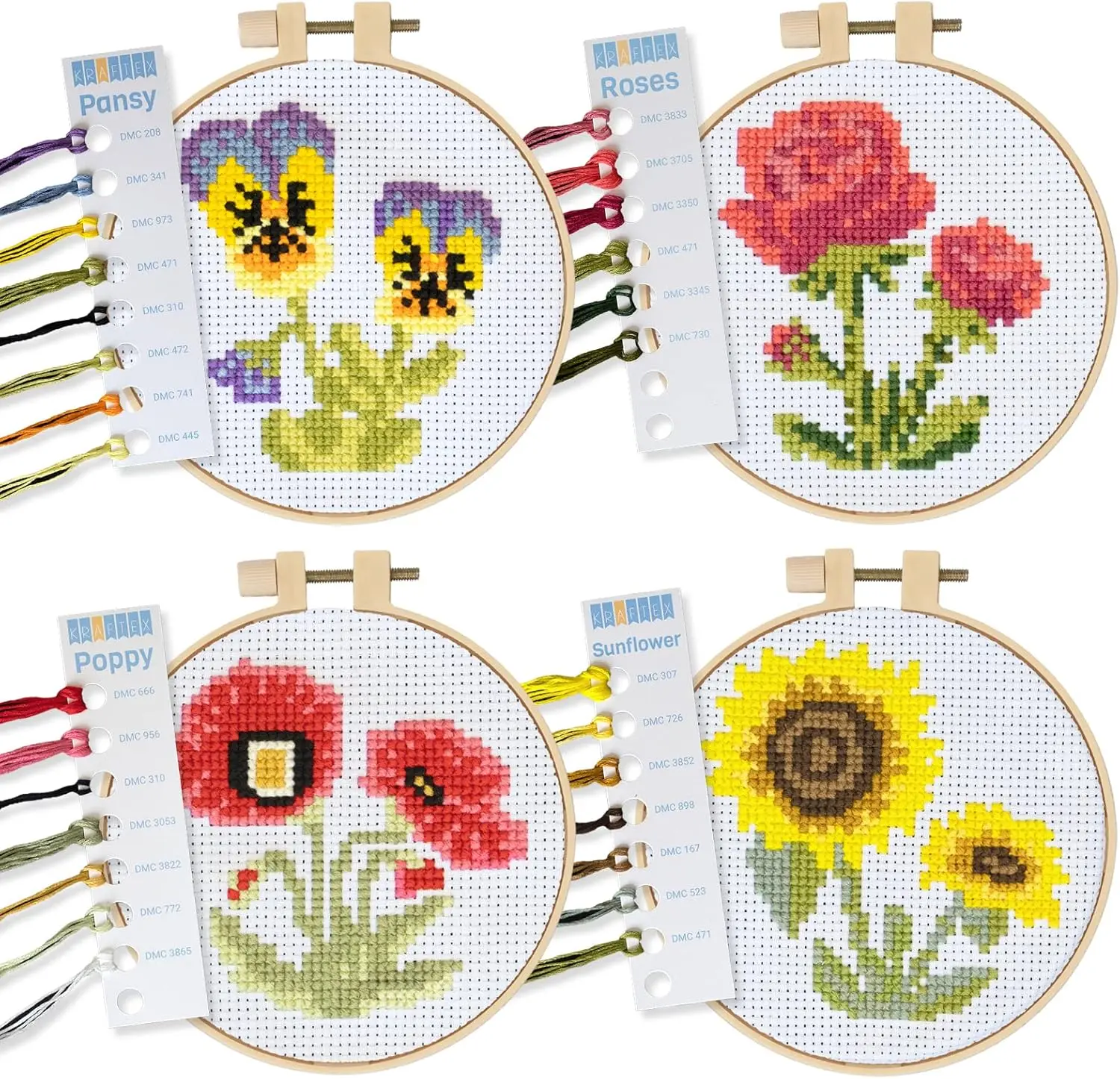 Stamped Cross Stitch Kits for Beginners (Flower Theme - 6.75 Inch - 4 Pack 1 x Embroidery Hoop) Embroidery Needlepoint Patterns for Adults, Includes Poppy, Rose, Sunflower and Pansy