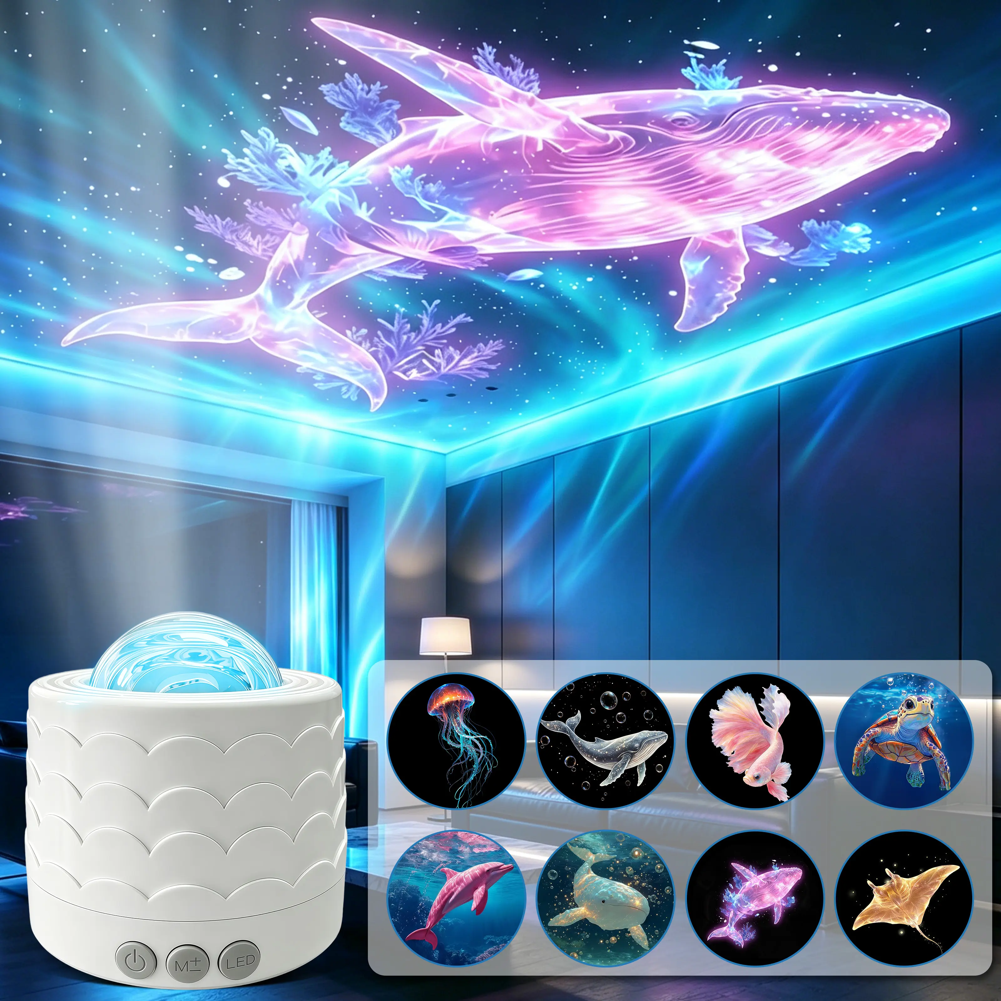 Whale Design Aquarium Projector Lamp, LED Lighting with Multiple Marine Life Patterns, Ambient Mood Light for Room Decor & Unique Room Decor, Ideal for Relaxation